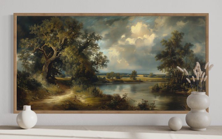 Vintage Lake Landscape Framed Canvas Wall Art close up