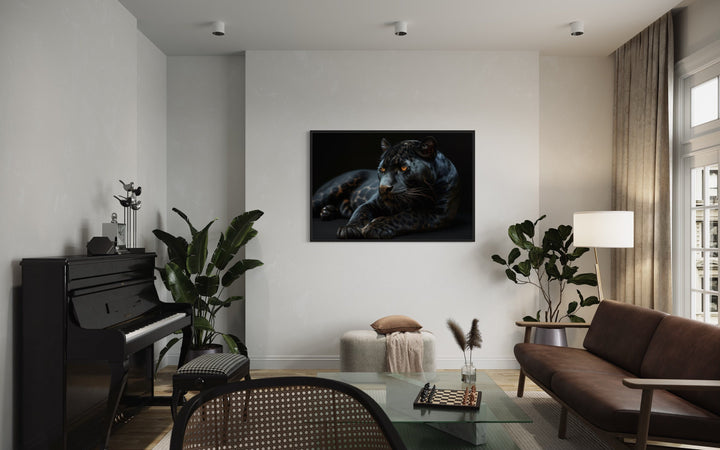 Black Panther On Black Background Framed Canvas Wall Art ini living room