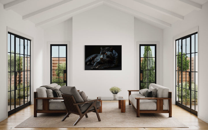 Black Panther On Black Background Framed Canvas Wall Art in large room