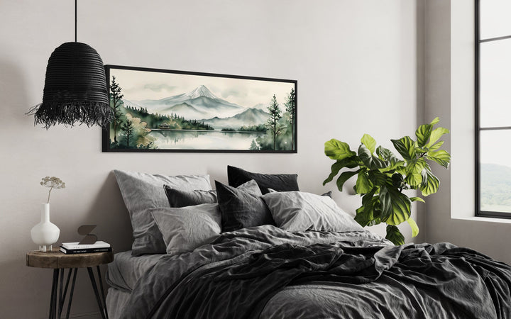 Mount Fuji And Lake Landscape Long Horizontal Framed Canvas Wall Art side view above bed