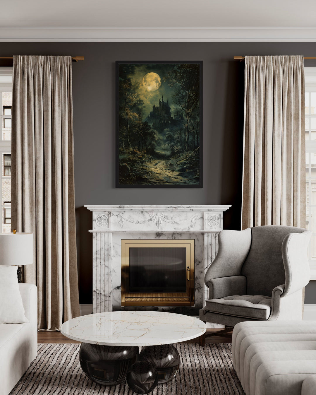 Dark Moonlit Gothic Vampire Castle Framed Canvas Wall Art above fireplace