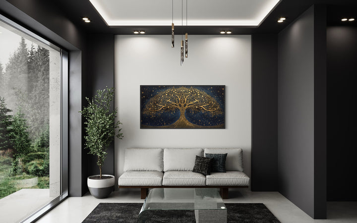 Yggdrasil Tree Of Life Gold Navy Blue Luxury Framed Canvas Wall Art above white couch