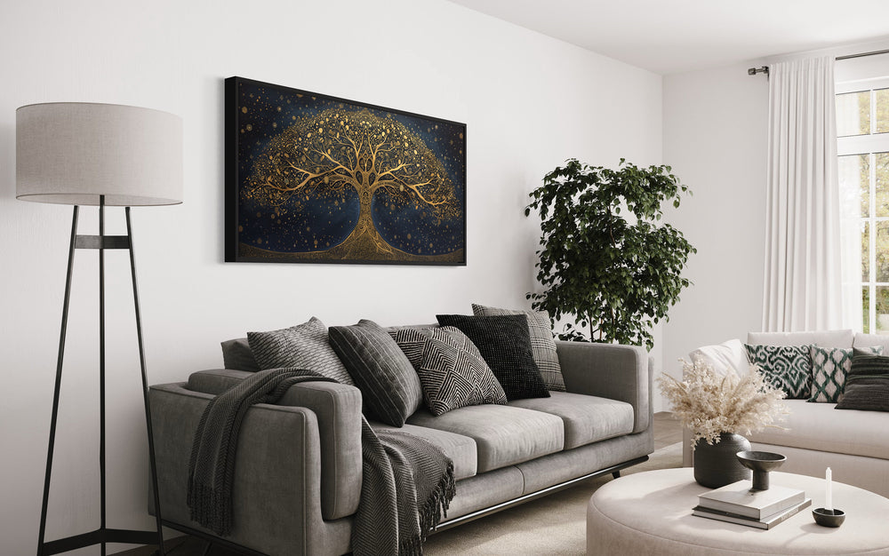 Yggdrasil Tree Of Life Gold Navy Blue Luxury Framed Canvas Wall Art above grey couch