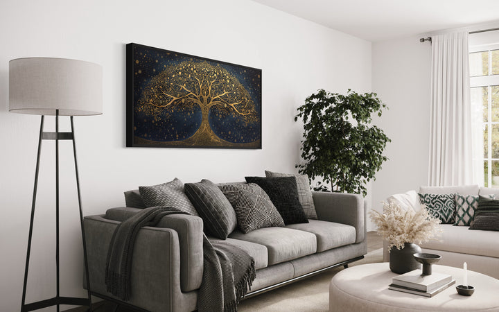 Yggdrasil Tree Of Life Gold Navy Blue Luxury Framed Canvas Wall Art above grey couch