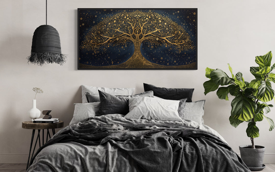 Yggdrasil Tree Of Life Gold Navy Blue Luxury Framed Canvas Wall Art above bed