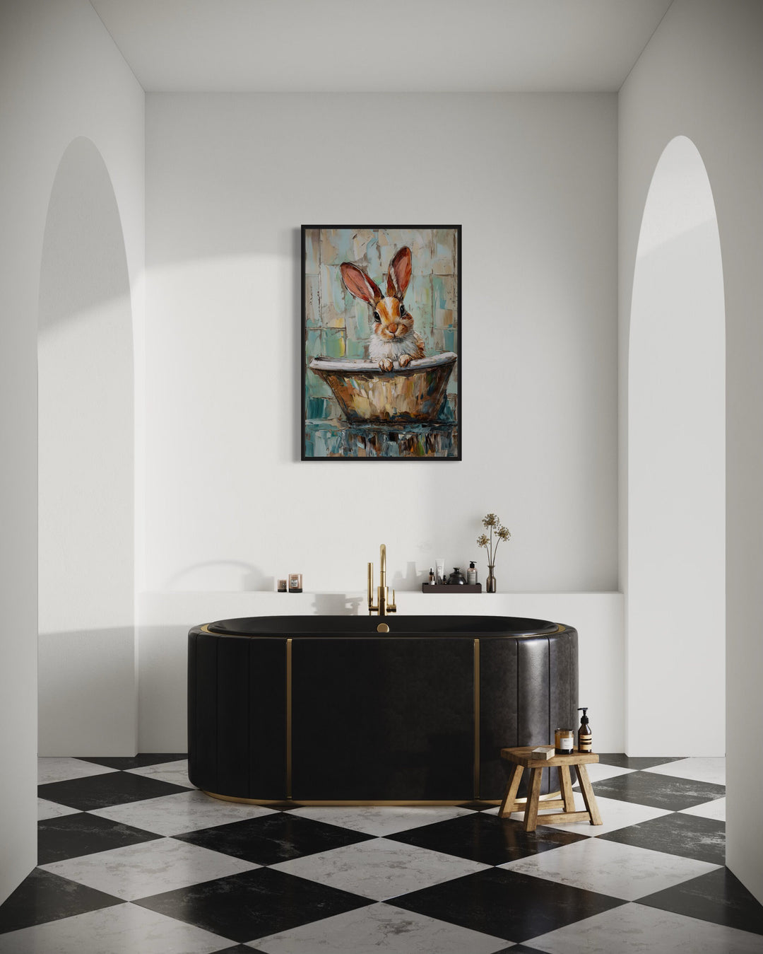 Cute Rabbit In The Bathtub Framed Canvas Wall Art in modern bathroom