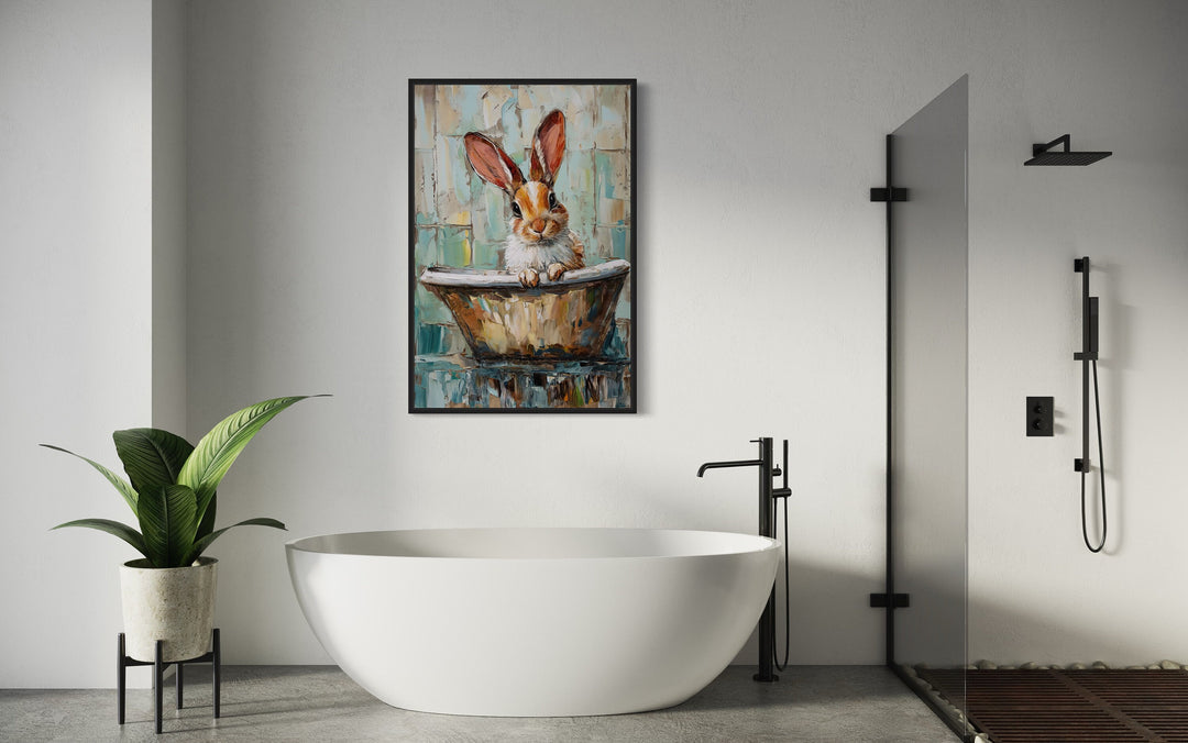 Cute Rabbit In The Bathtub Framed Canvas Wall Art above white bathtub