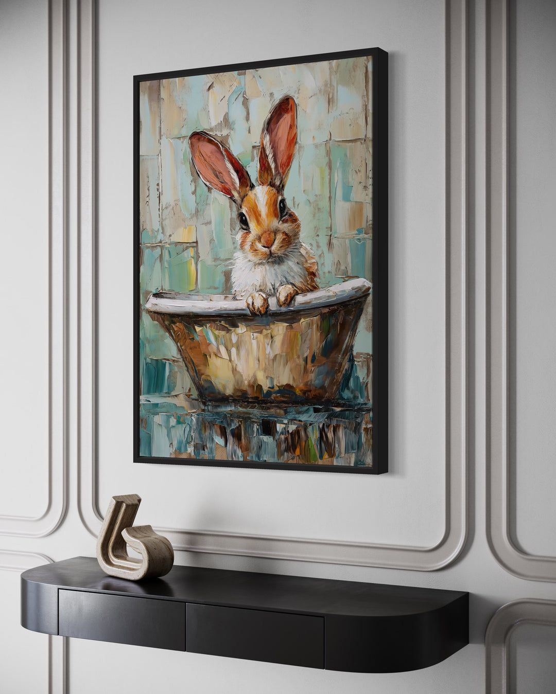 Cute Rabbit In The Bathtub Framed Canvas Wall Art side view