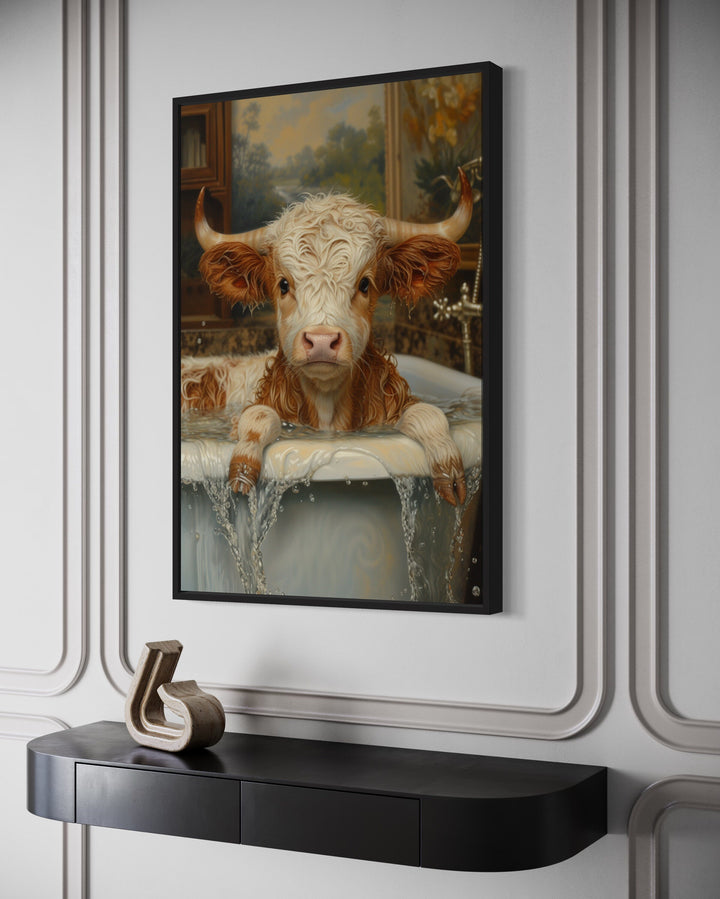 Baby Highland Cow In The Bath Tub Framed Canvas Wall Art side view