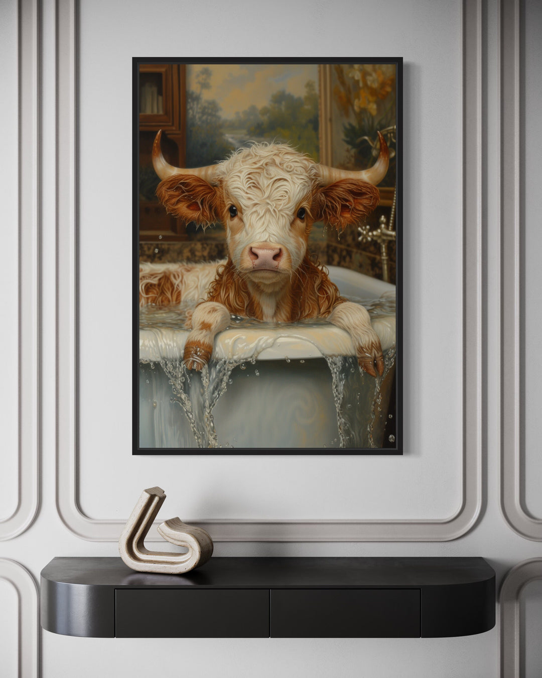 Baby Highland Cow In The Bath Tub Framed Canvas Wall Art close up