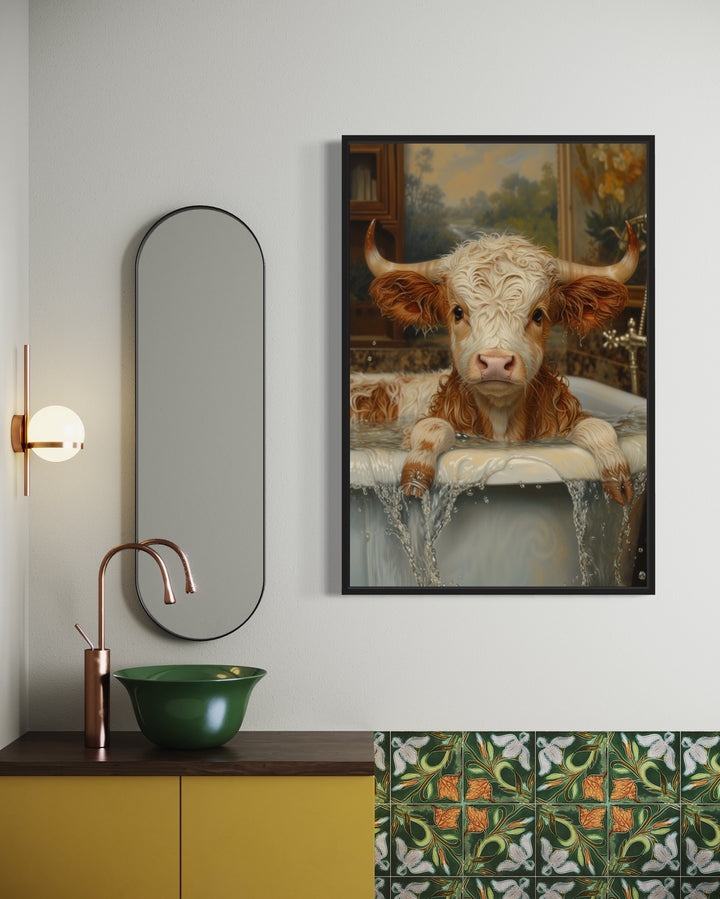 Baby Highland Cow In The Bath Tub Framed Canvas Wall Art in rustic bathroom