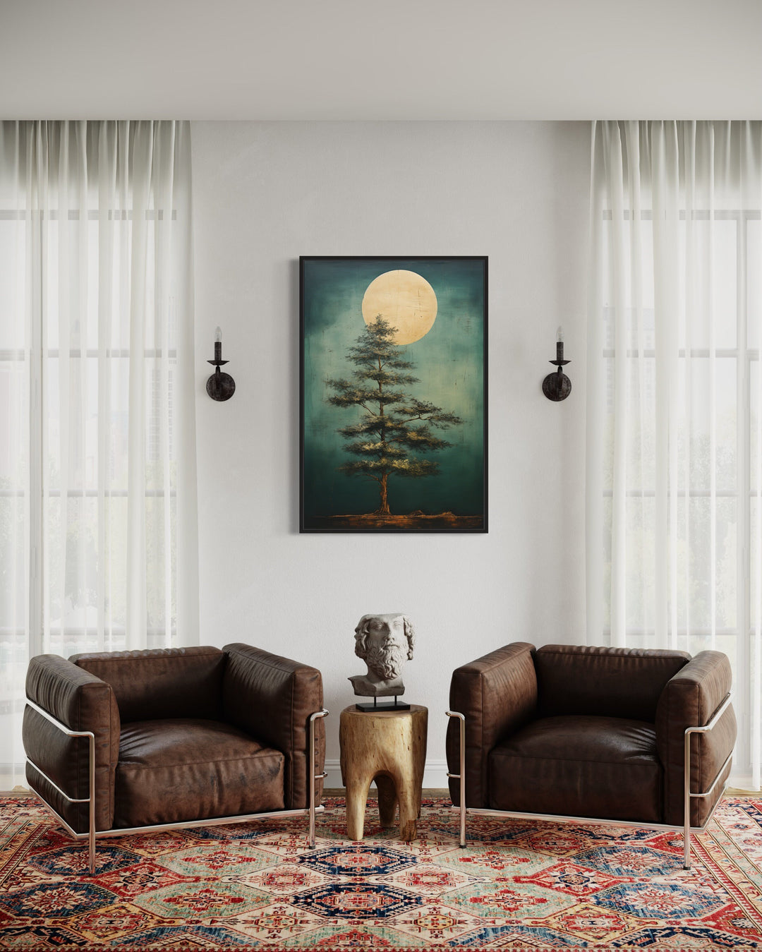 Vintage Tree And Moon Emerald Green Framed Canvas Wall Art in living room