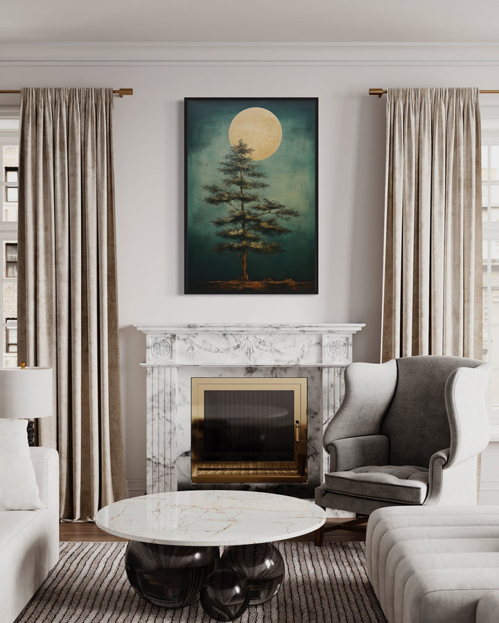 Vintage Tree And Moon Emerald Green Framed Canvas Wall Art above fireplace