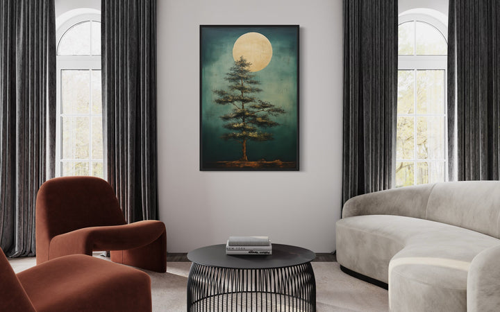 Vintage Tree And Moon Emerald Green Framed Canvas Wall Art