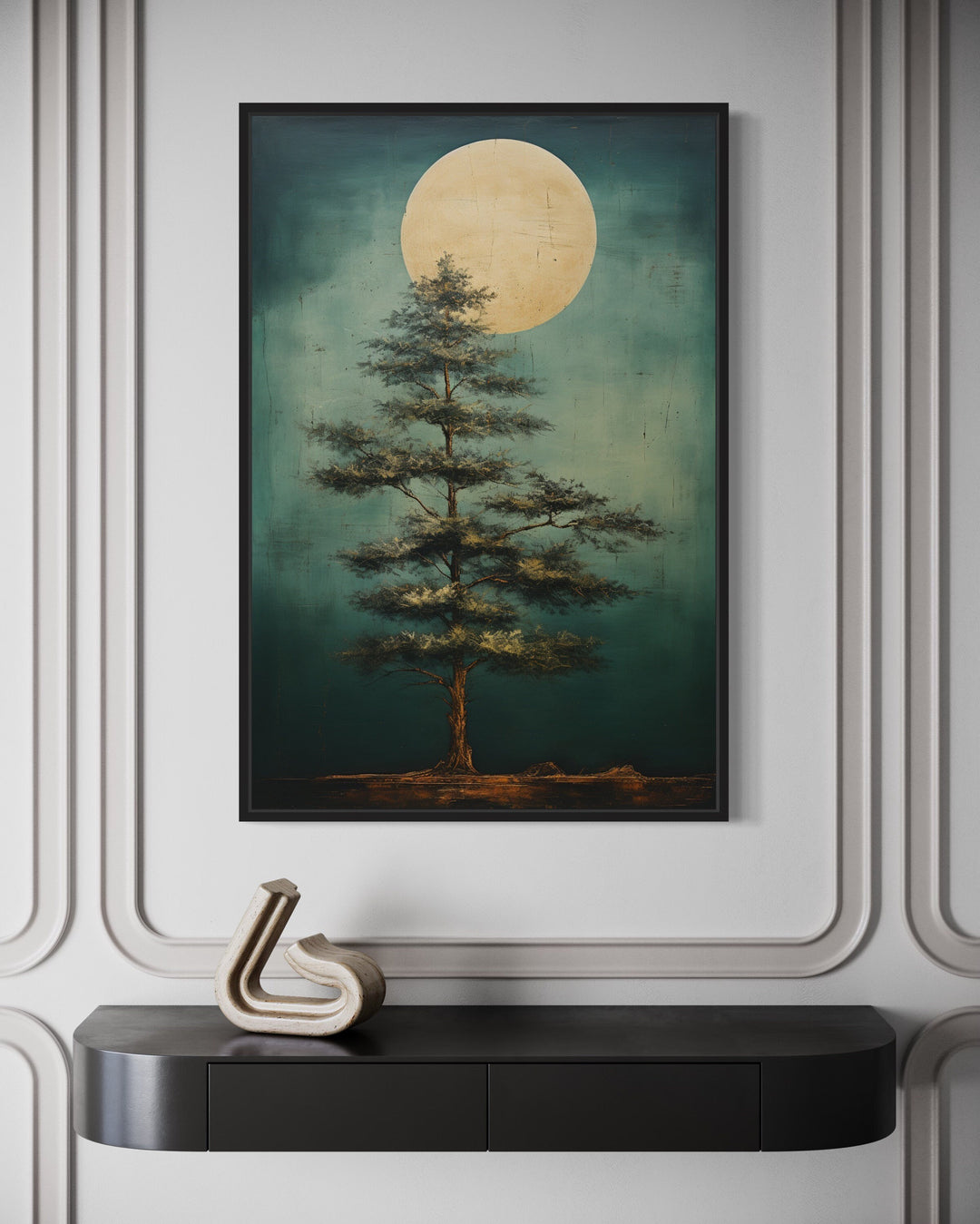 Vintage Tree And Moon Emerald Green Framed Canvas Wall Art
