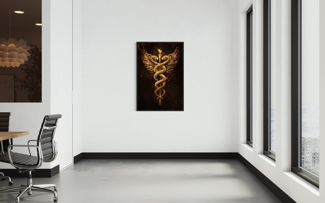 Gold Black Caduceus Framed Canvas Wall Art on large wall