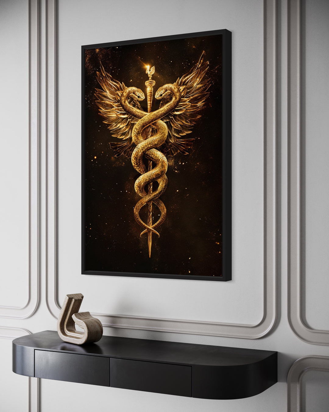 Gold Black Caduceus Framed Canvas Wall Art side view