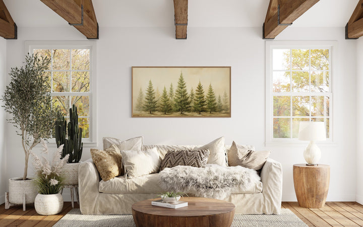 Fir Tree Forest Sage Green Framed Canvas Wall Art in living room