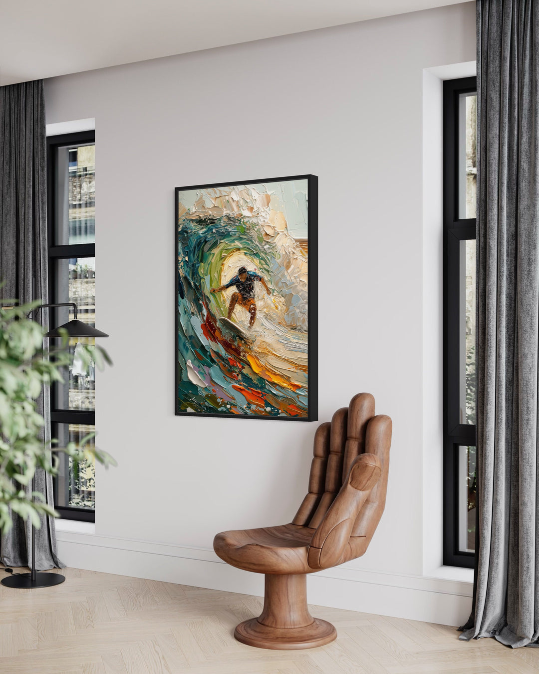 Surfer Riding A Wave Framed Canvas Wall Art in living room