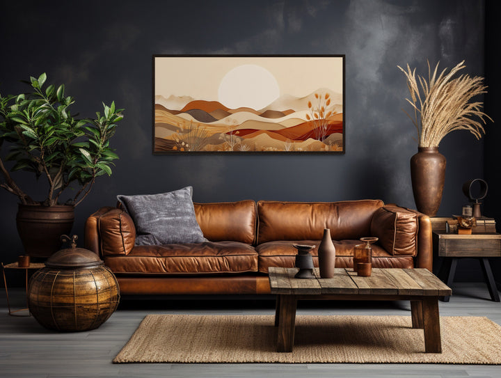 Boho Desert Landscape Neutral Earth Tones Wall Art above brown couch
