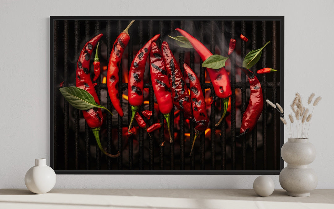 Red Spicy Chili Pepper On Grill Kitchen Wall Art close up