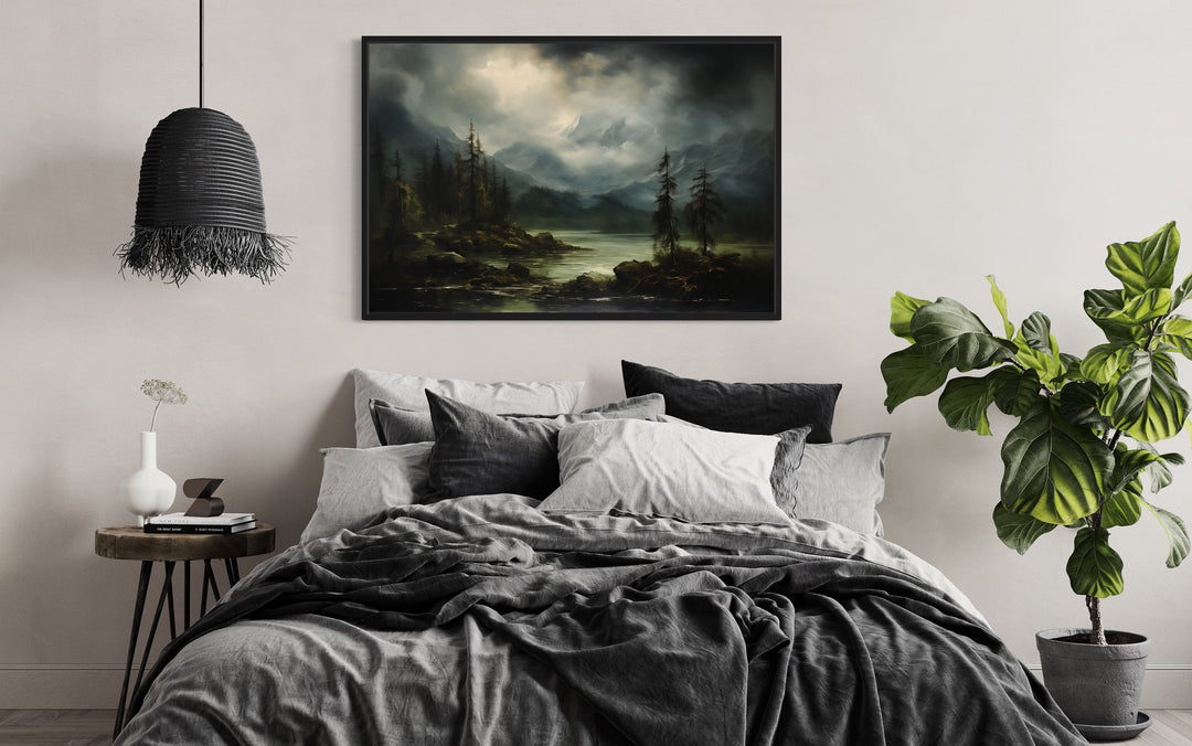 Moody Lake And Mountains Green Vintage Framed Canvas Wall Art above dark bed