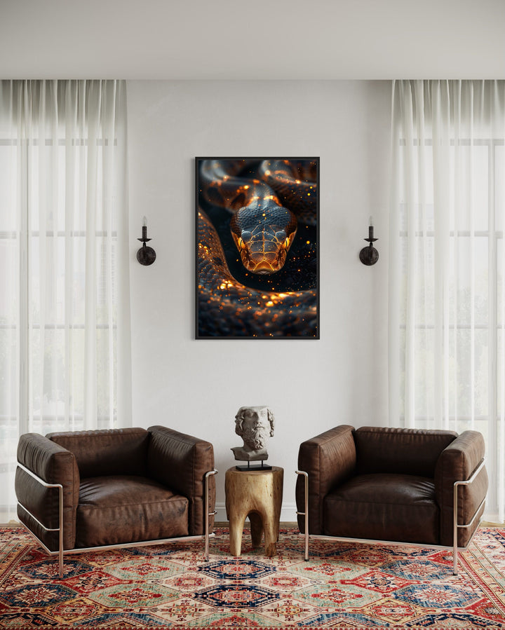 Black Gold Boa Snake Framed Canvas Wall Art in living room