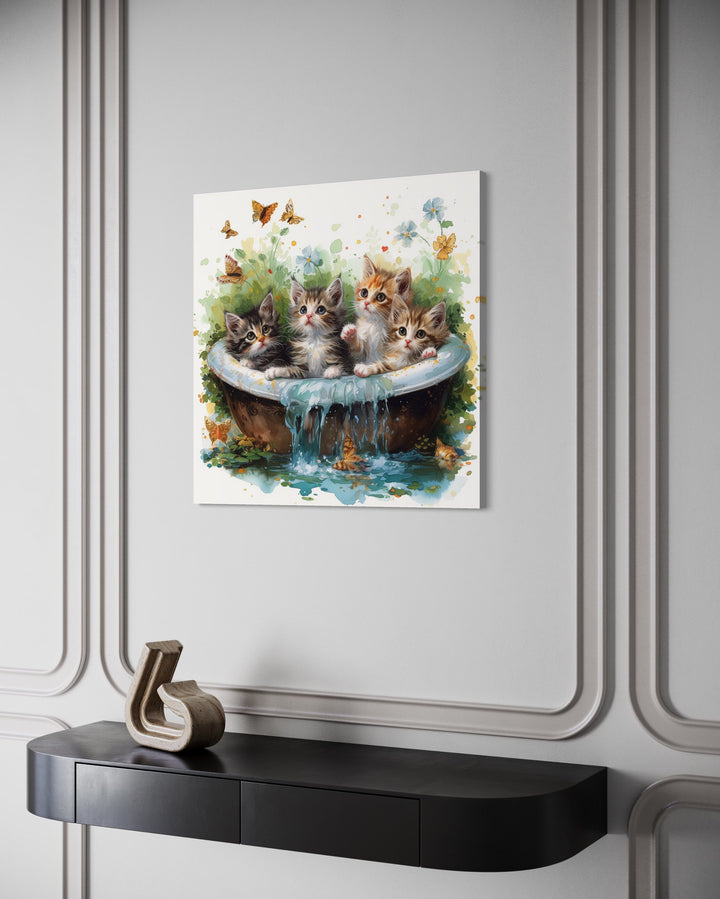 cute Kittens In Bathtub Framed Canvas Wall Art