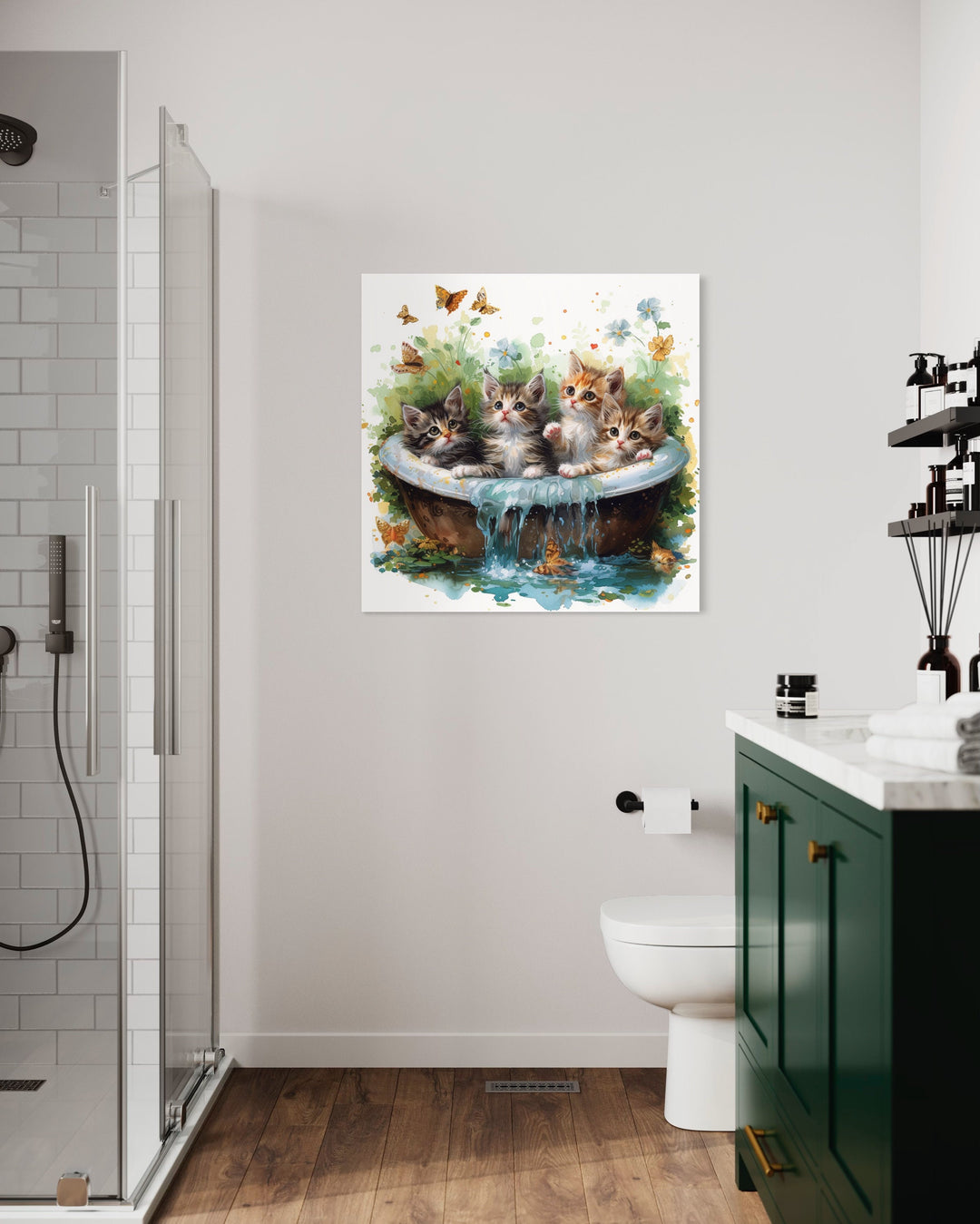 Kittens In Bathtub Framed Canvas Wall Art in washroom