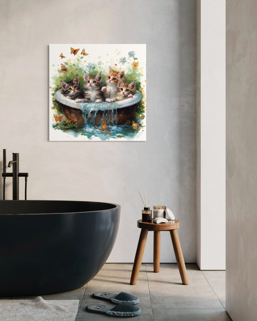 Kittens In Bathtub Framed Canvas Wall Art in bathroom