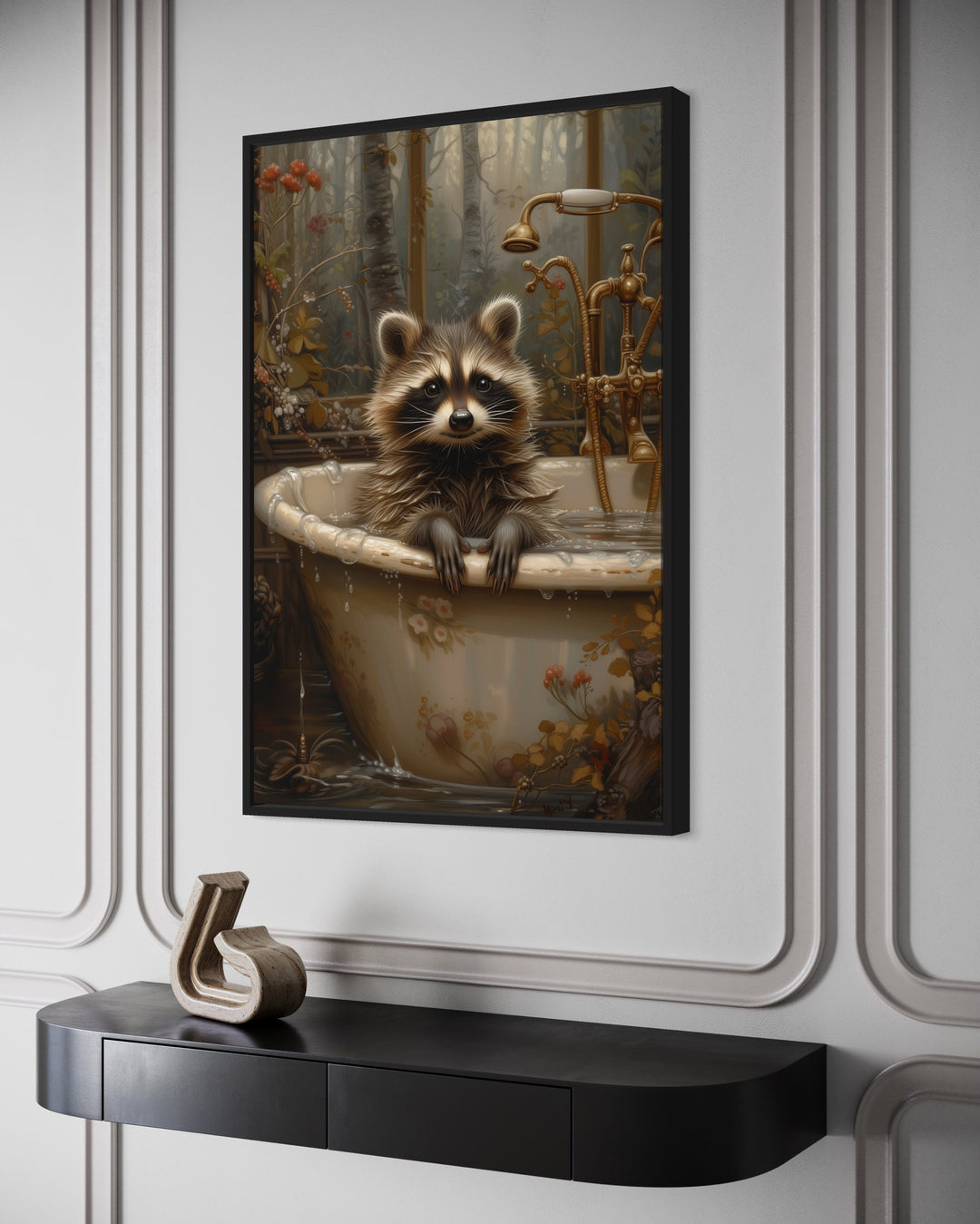 Raccoon In The Bathtub Framed Canvas Wall Art side view