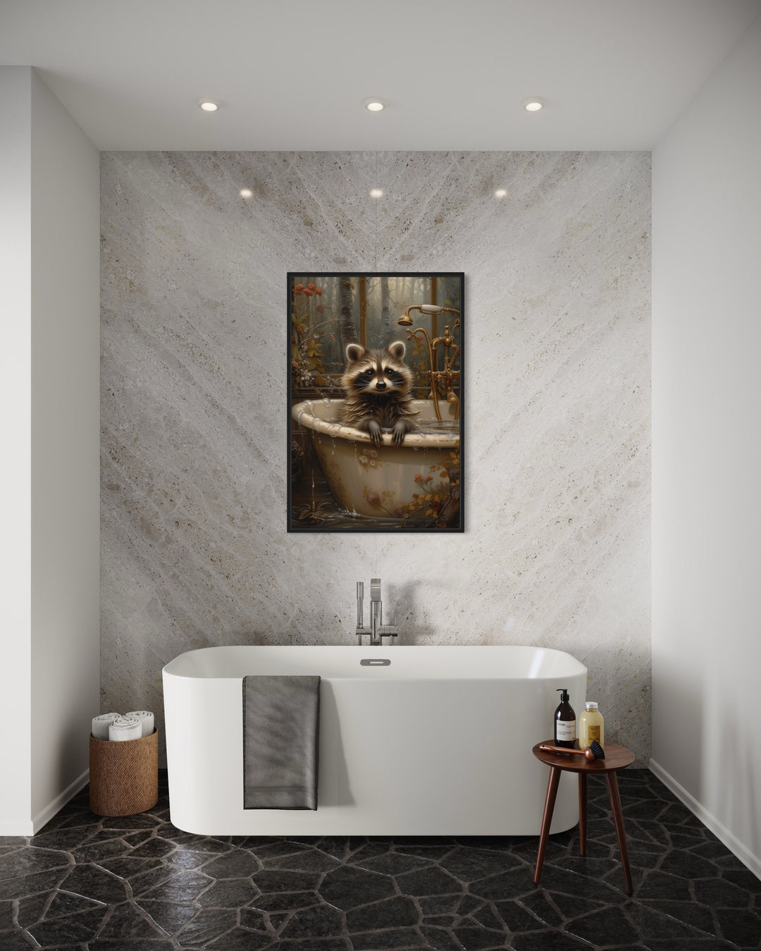 Raccoon In The Bathtub Framed Canvas Wall Art in grey bathroom