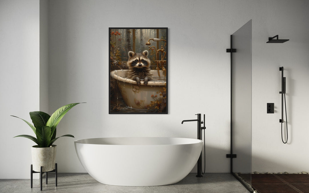 Raccoon In The Bathtub Framed Canvas Wall Art above white bathtub