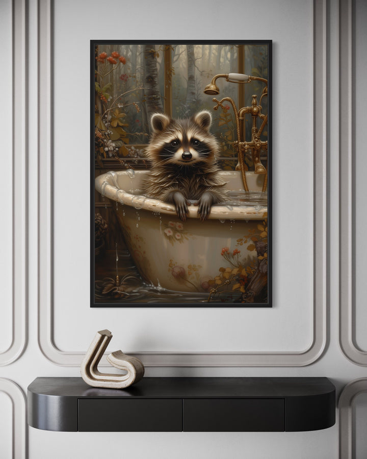 Raccoon In The Bathtub Framed Canvas Wall Art