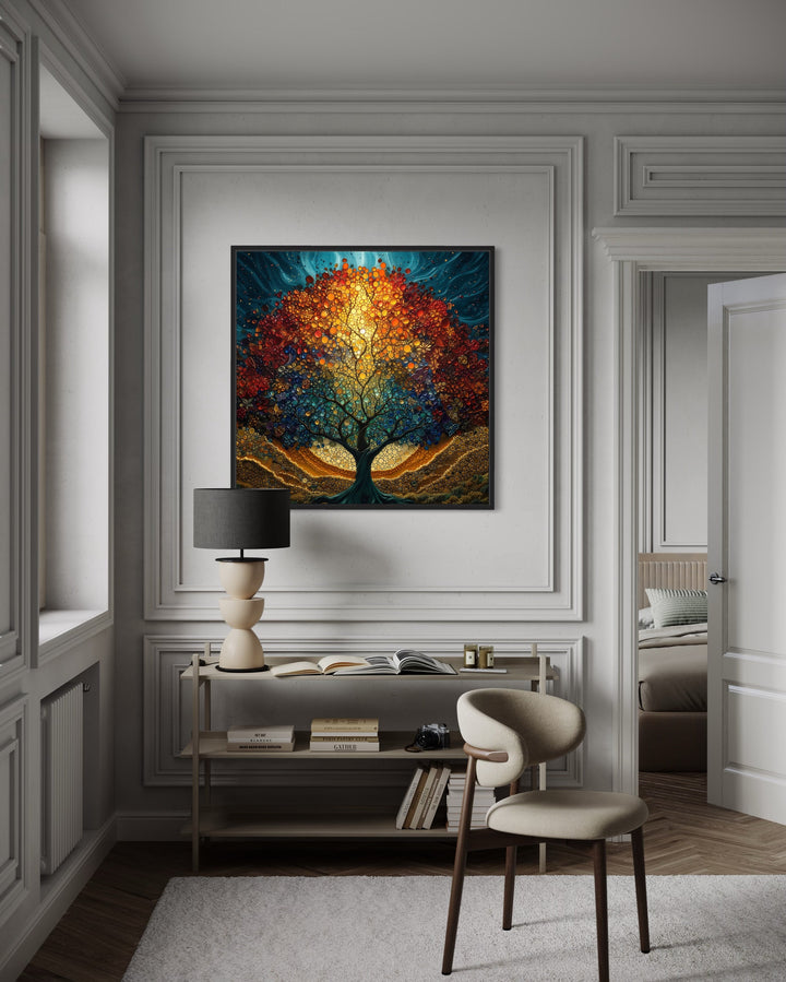 Tree Of Life Stained Glass Style Yggdrasil Square Framed Canvas Wall Art in the home office