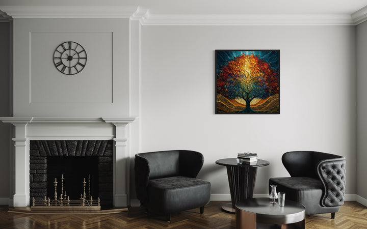 Tree Of Life Stained Glass Style Yggdrasil Square Framed Canvas Wall Art in office