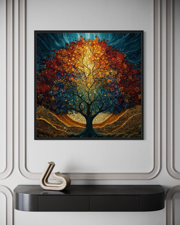 Tree Of Life Stained Glass Style Yggdrasil Square Framed Canvas Wall Art