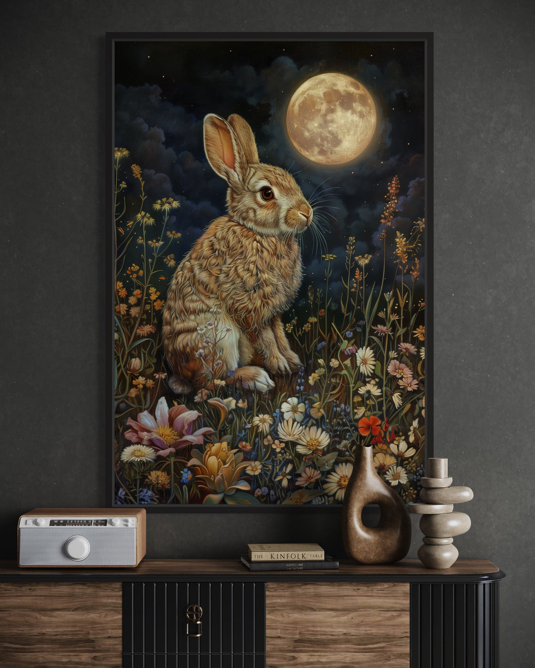 Bunny on The Meadow Under The Moon Moody Cottagecore Decor close up