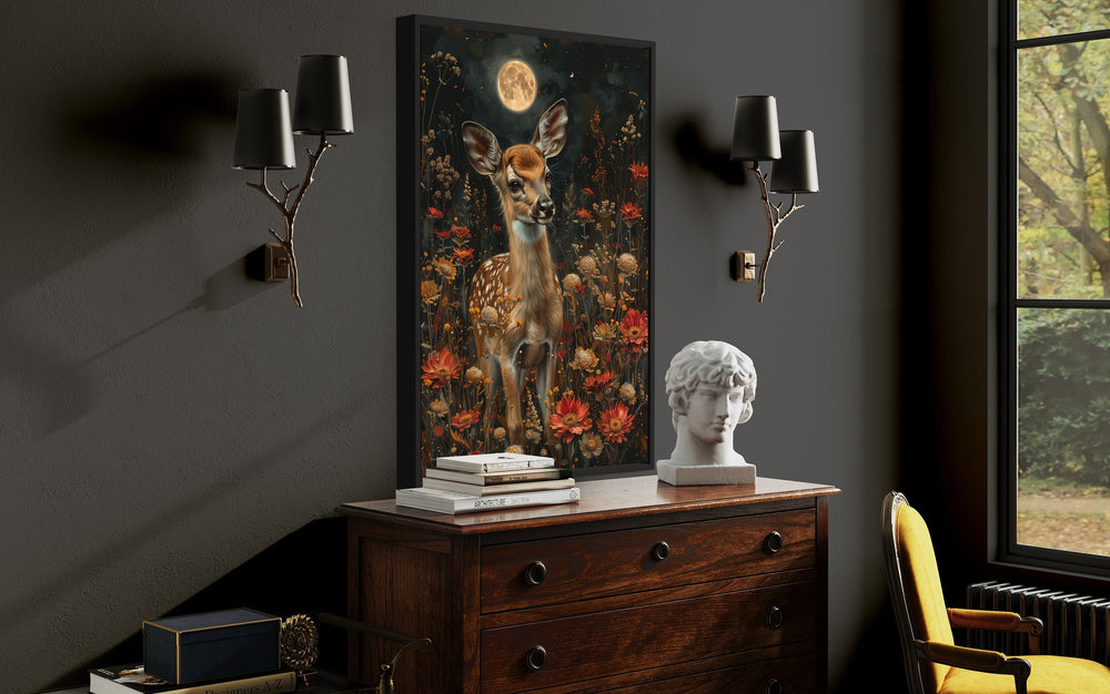 Baby Deer On The Meadow Under The Moon Moody Cottagecore Decor side view