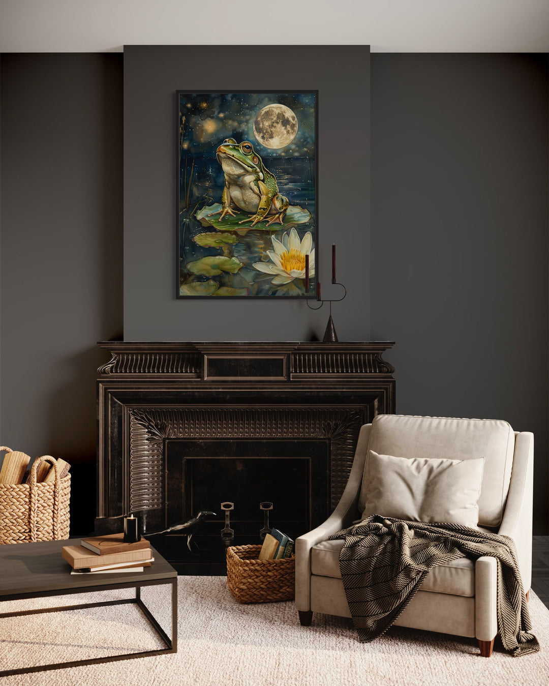 Frog in Swamp Under The Moon Moody Cottagecore Decor above fireplace