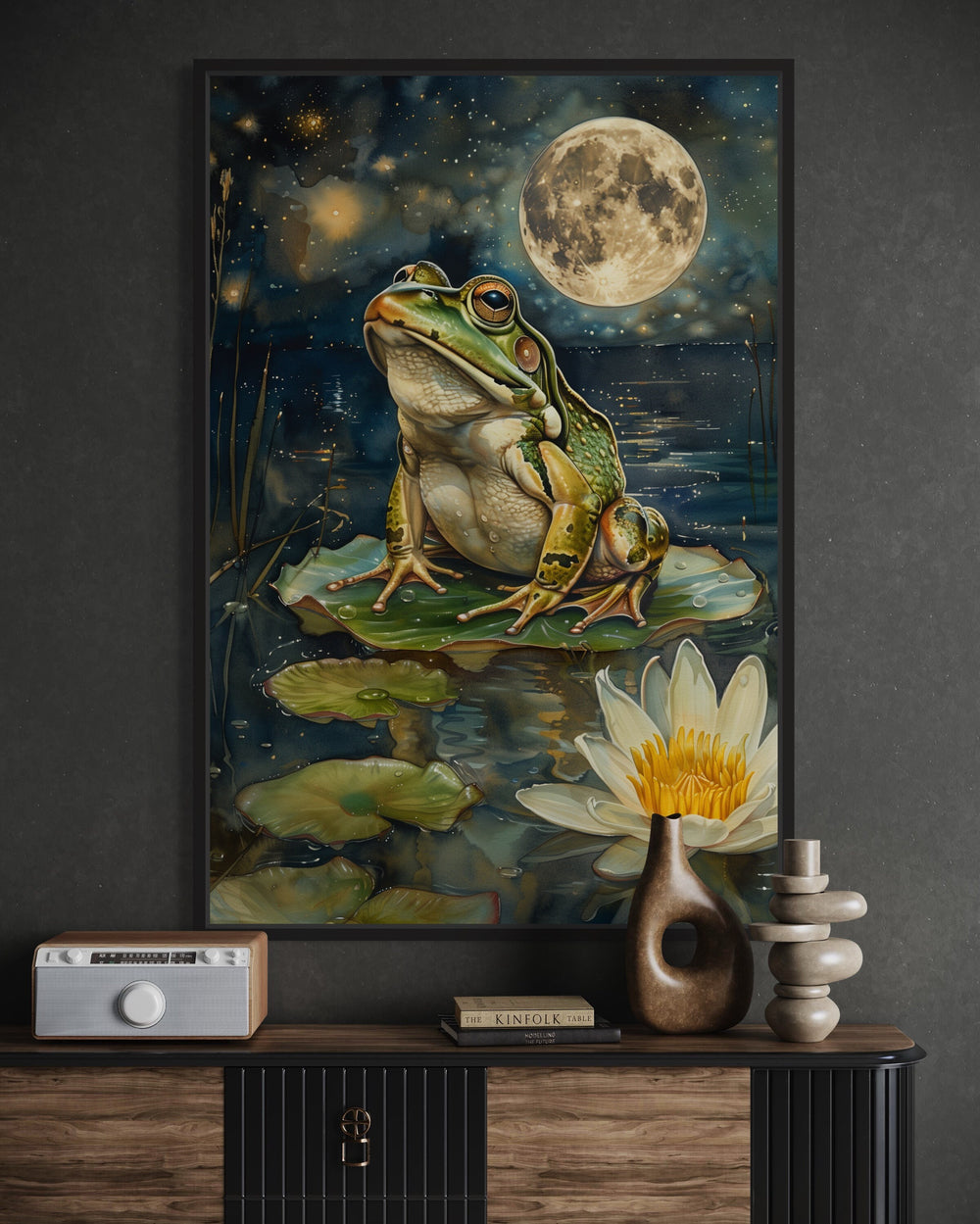 Frog in Swamp Under The Moon Moody Cottagecore Decor close up