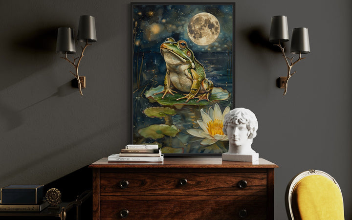 Frog in Swamp Under The Moon Moody Cottagecore Decor