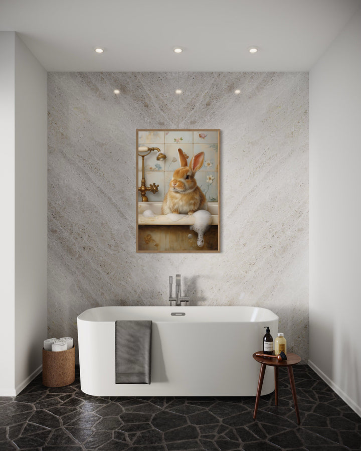 Bunny In The Bathtub Framed Canvas Wall Art in a bathroom