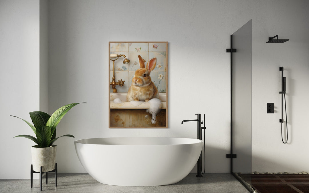 Bunny In The Bathtub Framed Canvas Wall Art in a bathroom