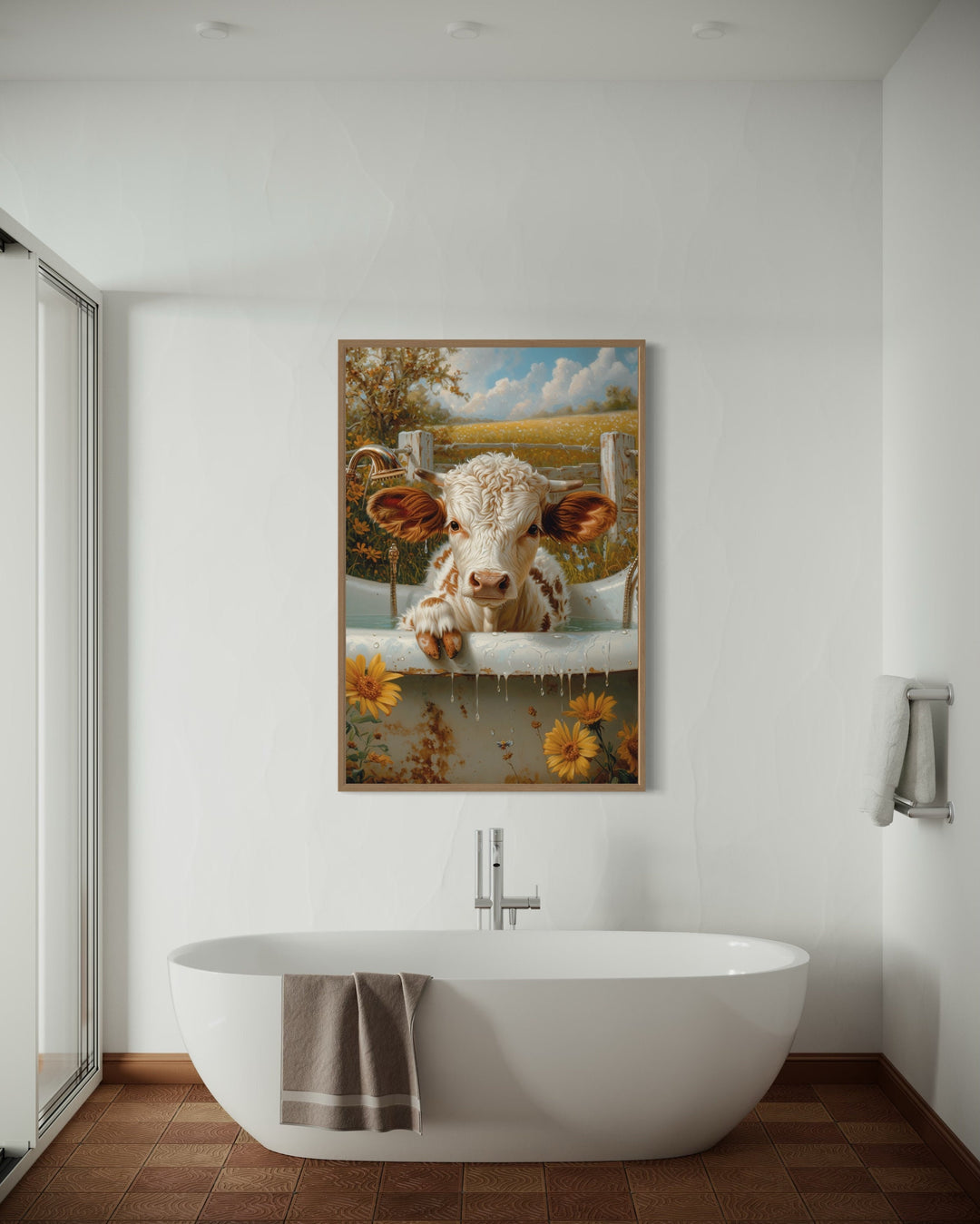 Baby Highland Cow Calf In The Bathtub Framed Canvas Wall Art above bathtub