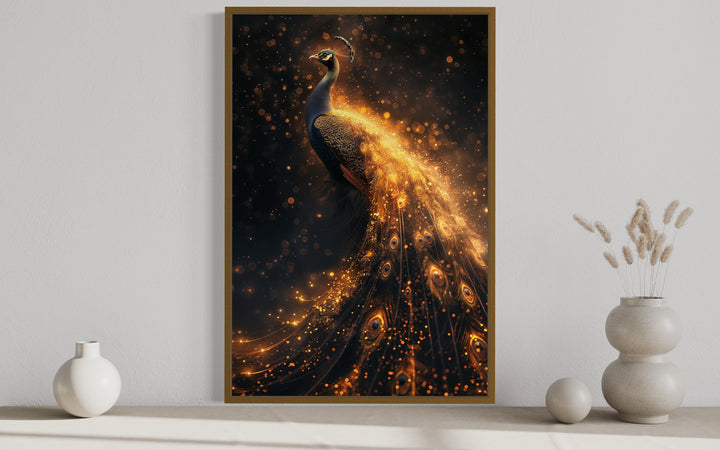 Black Gold Peacock Framed Canvas Wall Art close up