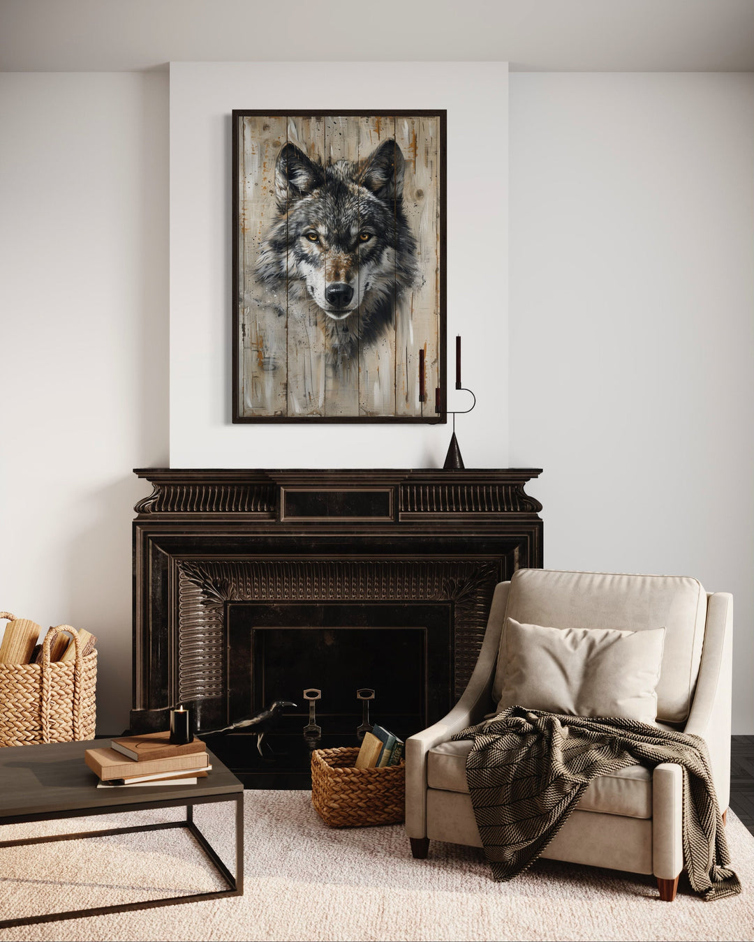 Grey Wolf Painting On Wood Framed Canvas Wall Art above mantel