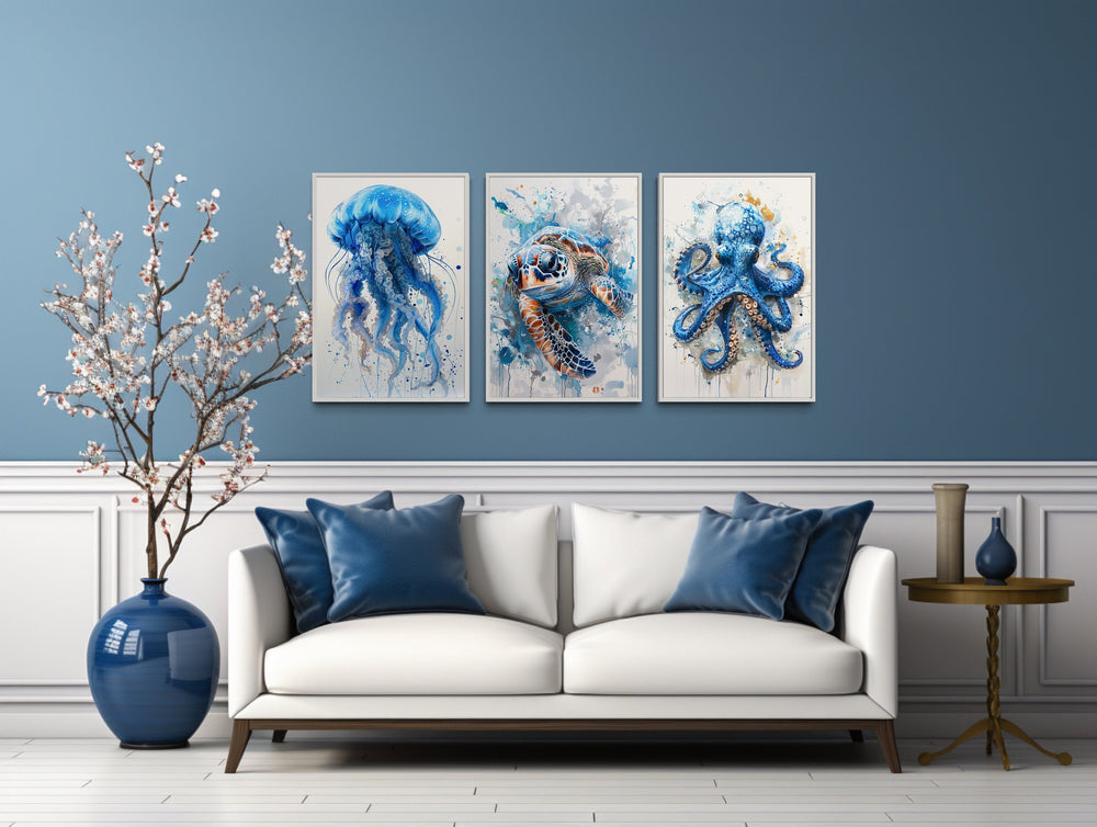 3 Piece Marine Animals Octopus, Sea Turtle, Jellyfish Beach House Wall Art above white couch
