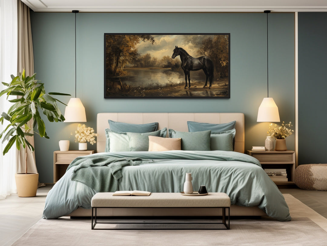 Vintage Black Horse Painting Canvas Wall Art above bed