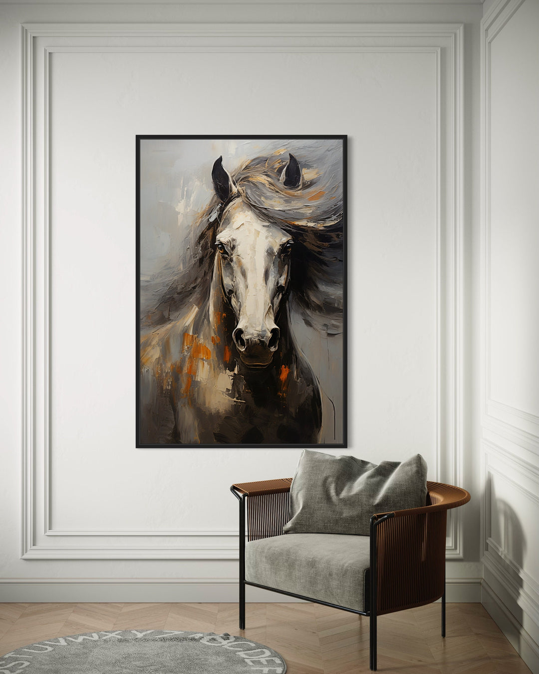 Brown Abstract Horse Framed Canvas Wall Art behind armchair